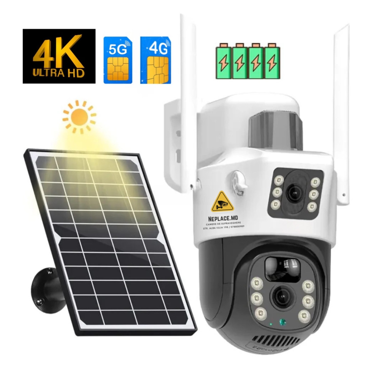 Camera Supraveghere 4G 4K Ultra HD, Dual Camera 8MP, Incarcare Solara, Rotire Din Aplicatie, Rezistenta La Apa IP 66
