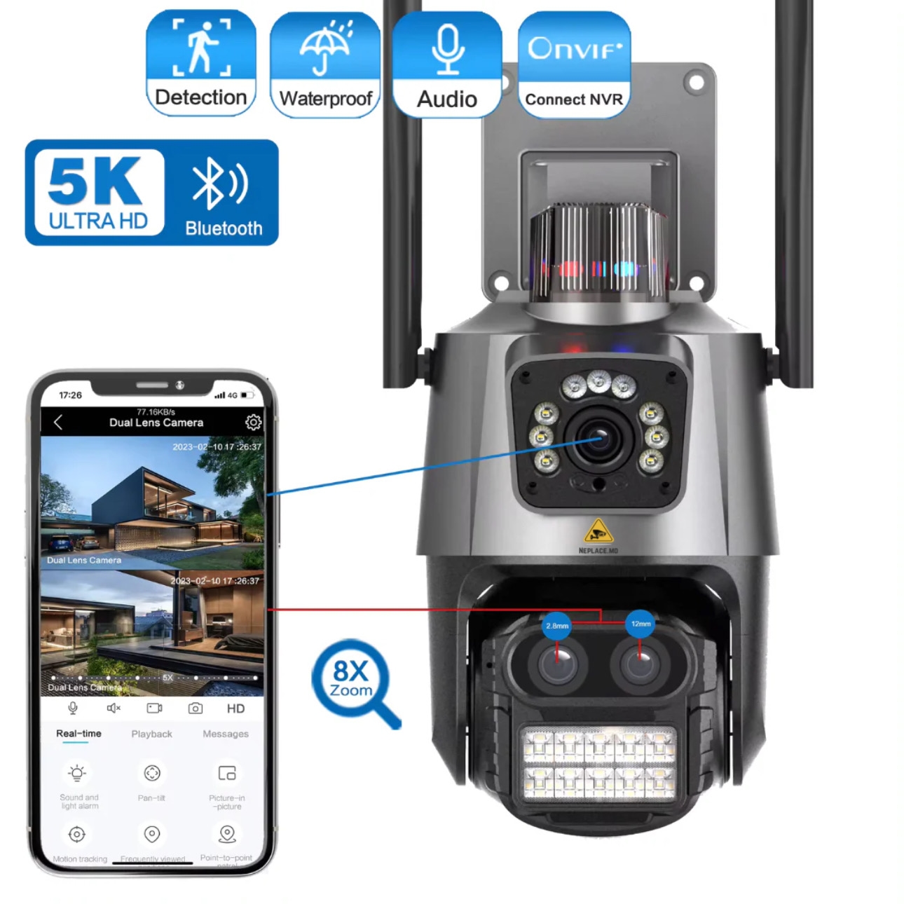 Camera de supraveghere WIFI 5K, 3 lentile, Zoom 8X, Control din aplicatie, Urmarire automata, Rezistenta la apa IP66