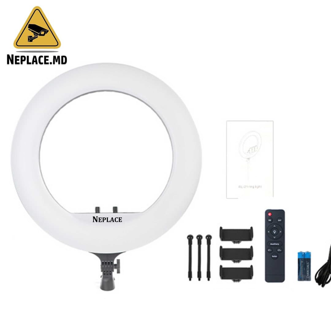 Lampa circulara RL21 touch control, diametru 56cm, 22inch, lumina calda/rece/neutra, 10 trepte de lumina, 3 suporturi telefon, telecomanda, adaptor alimentare, trepied 210cm