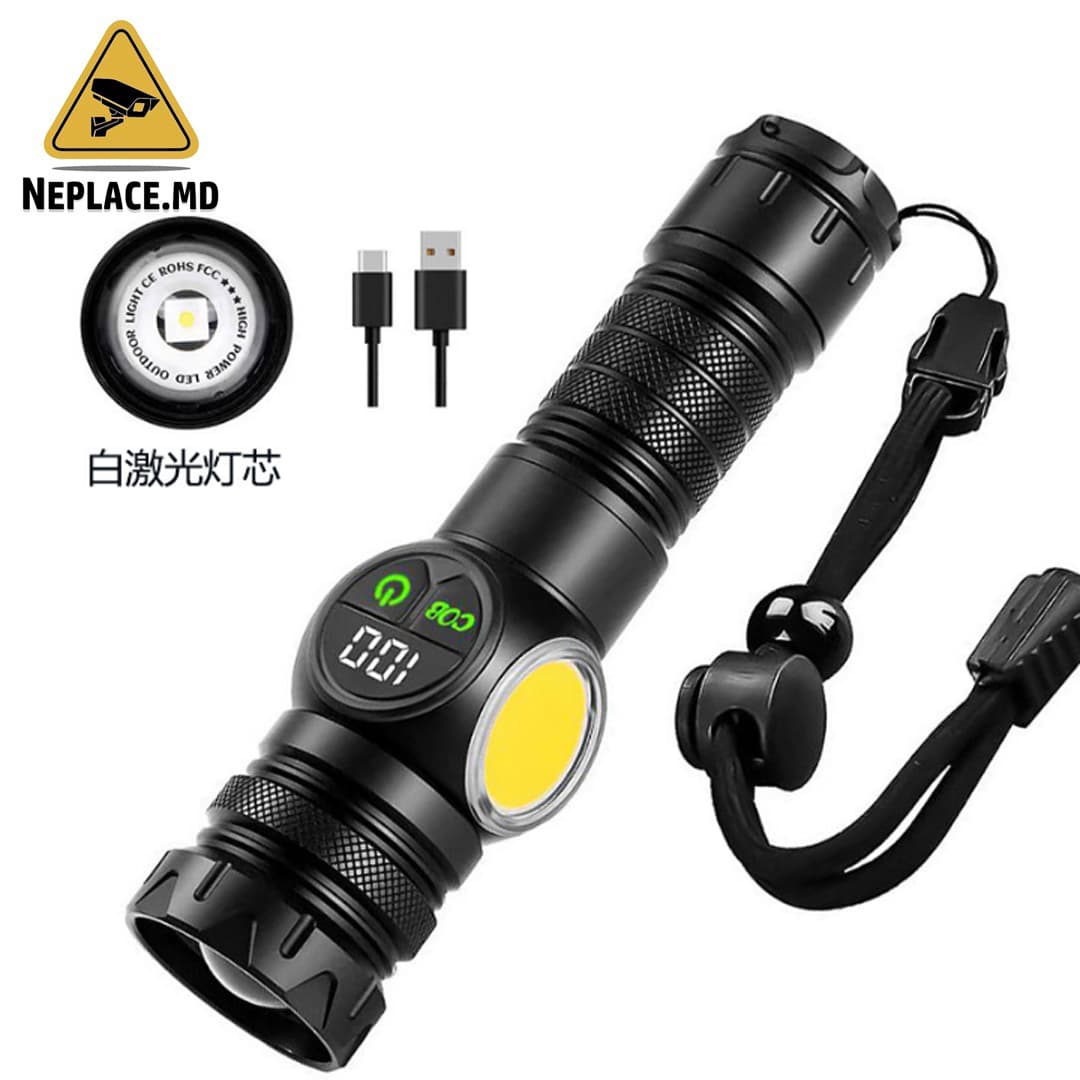 Lanterna 1.5km Focalizare Reglabila, 5 Moduri de Putere, Iluminare Intensa pe Termen Lung, Protectie Supratensiune si Supraincalzire, Ideala pentru Camping, Drumetii, Rezistenta la Apa, Neagra