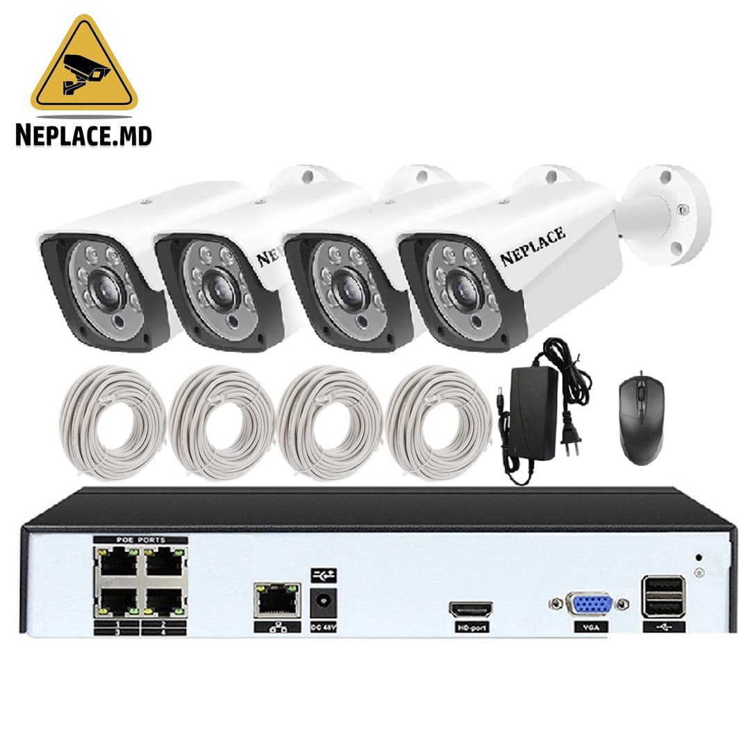 Sistem de supraveghere profesional 4K POE NVR CCTV, 10 canale (4 camere 5MP) 4K HD , recunoastere faciala, comunicare bidirectionala
