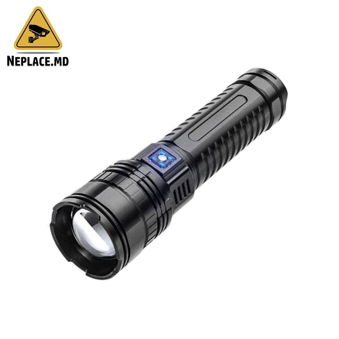 Lanterna 3km Focalizare Reglabila, 5 Moduri de Putere, Iluminare Intensa pe Termen Lung, Protectie Supratensiune si Supraincalzire, Ideala pentru Camping, Drumetii, Rezistenta la Apa, Neagra