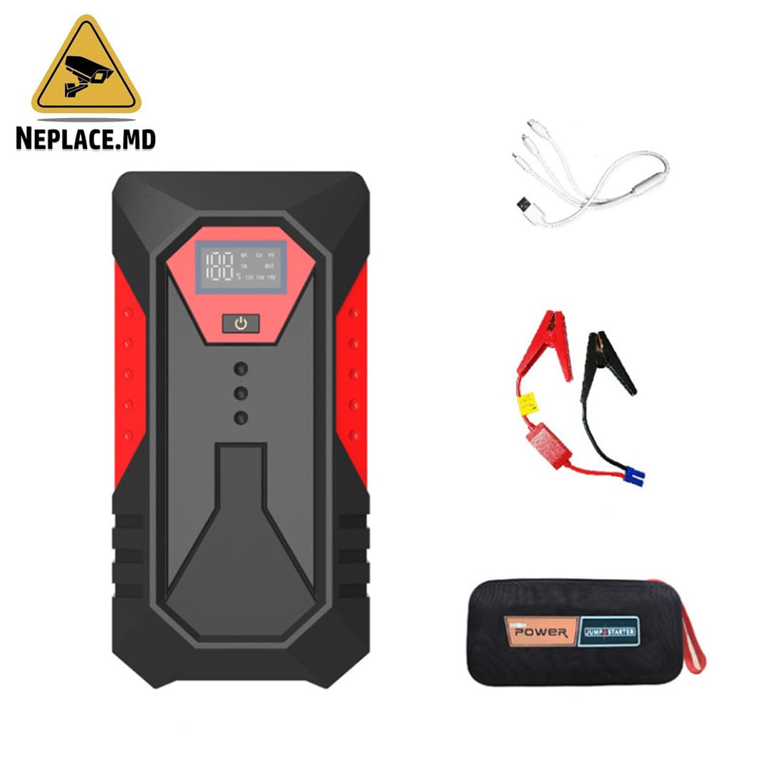 Starter auto pentru motor benzina/diesel, 12V, 20000mAh, 3 moduri de lumina LED, Display digital, Incarcare Wireless, Portabil, Negru/Rosu